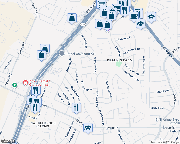 map of restaurants, bars, coffee shops, grocery stores, and more near 9622 Elmstone Drive in San Antonio