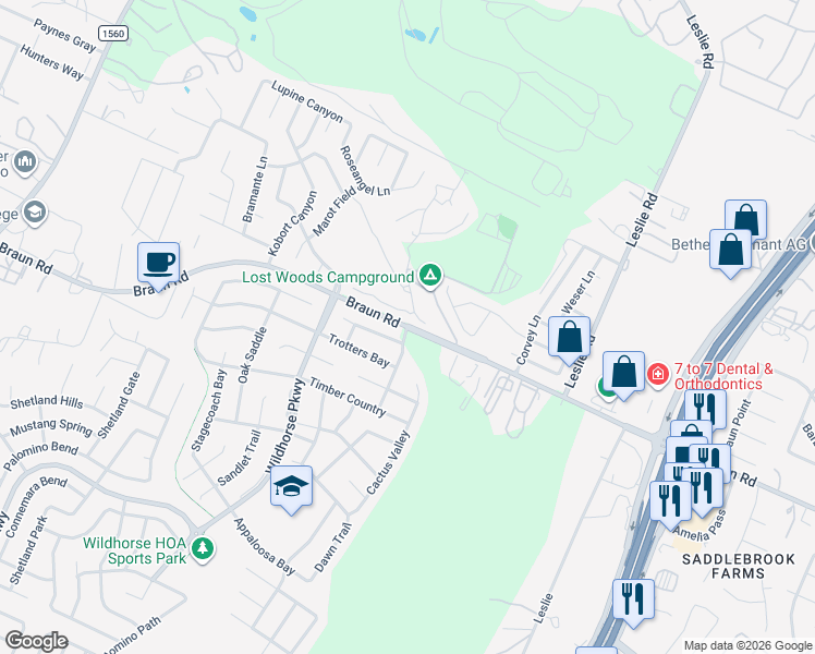 map of restaurants, bars, coffee shops, grocery stores, and more near 10187 Braun Road in Helotes