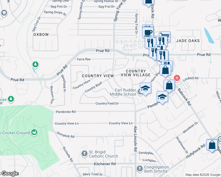 map of restaurants, bars, coffee shops, grocery stores, and more near 10626 Horn Boulevard in San Antonio