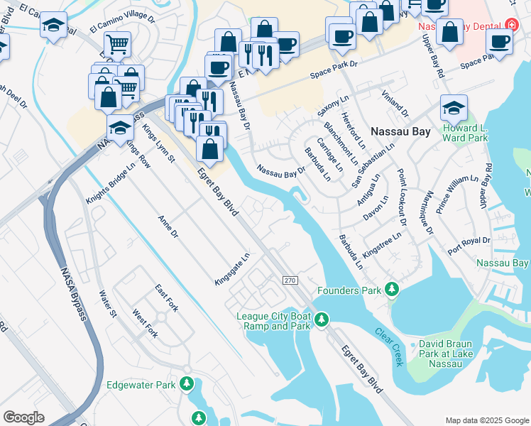 map of restaurants, bars, coffee shops, grocery stores, and more near 18519 Egret Bay Boulevard in Houston