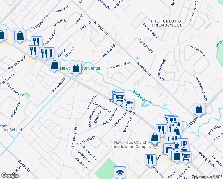 map of restaurants, bars, coffee shops, grocery stores, and more near 609 Tanglewood Drive in Friendswood