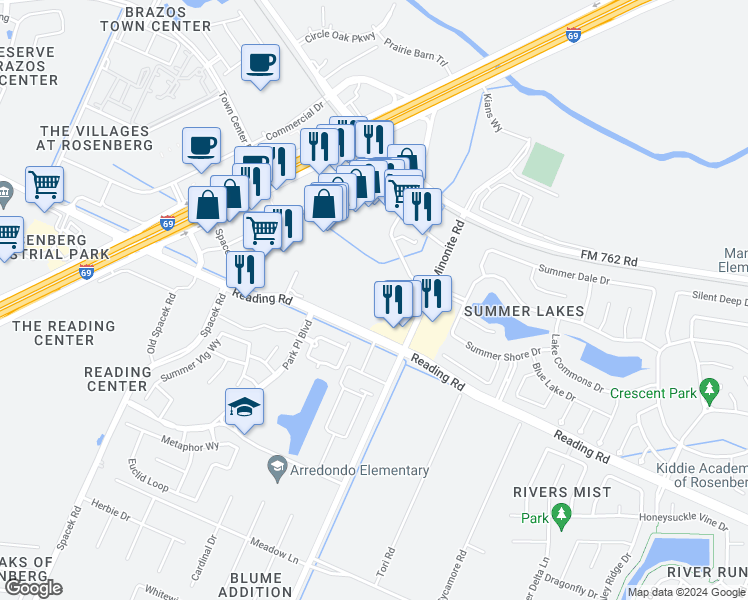 map of restaurants, bars, coffee shops, grocery stores, and more near Unnamed Road in Rosenberg