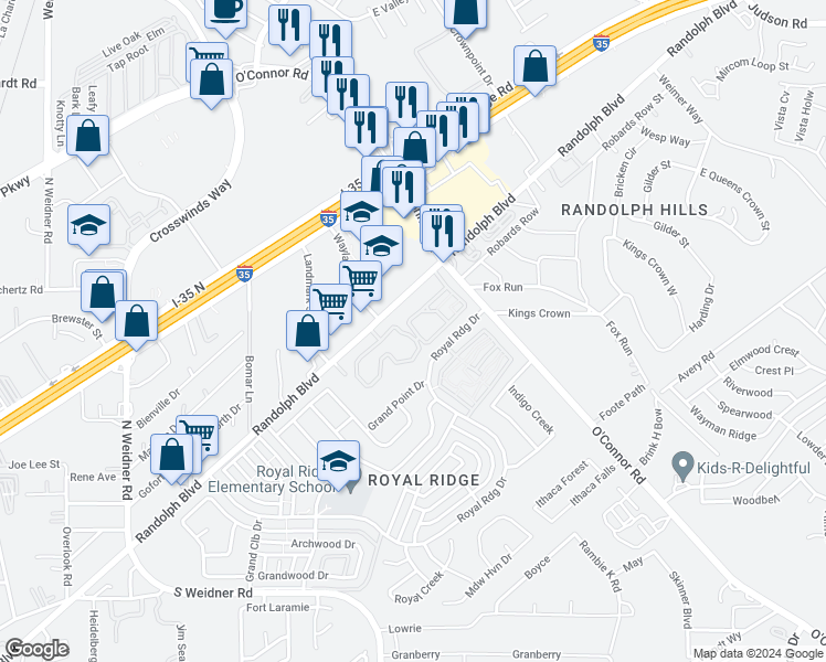 map of restaurants, bars, coffee shops, grocery stores, and more near 6000 Randolph Boulevard in San Antonio