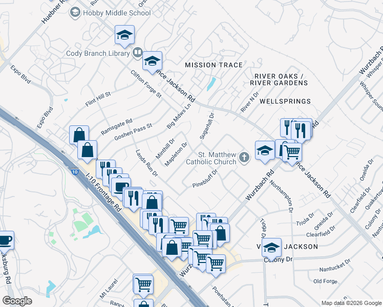 map of restaurants, bars, coffee shops, grocery stores, and more near 10702 Tioga Drive in San Antonio