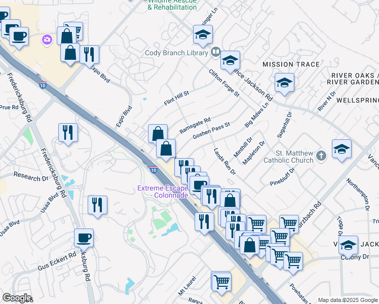 map of restaurants, bars, coffee shops, grocery stores, and more near 4239 Goshen Pass Street in San Antonio