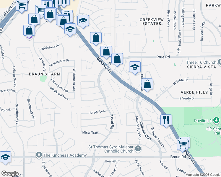 map of restaurants, bars, coffee shops, grocery stores, and more near 10131 Braun Cloud in San Antonio