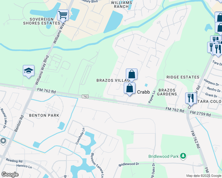 map of restaurants, bars, coffee shops, grocery stores, and more near 134 Big Thicket Drive in Richmond