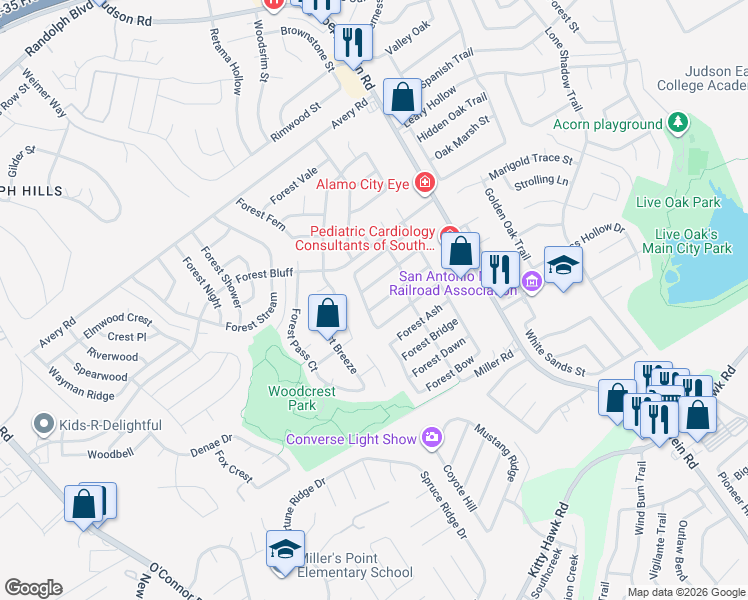 map of restaurants, bars, coffee shops, grocery stores, and more near 7810 Forest Ranch in Live Oak