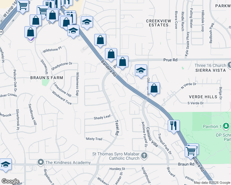 map of restaurants, bars, coffee shops, grocery stores, and more near 10131 Braun Cloud in San Antonio