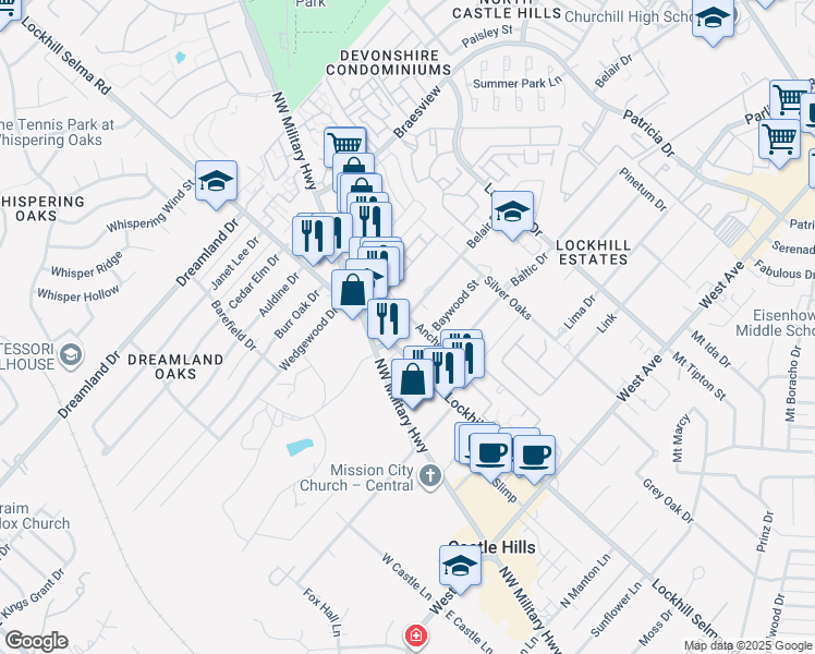 map of restaurants, bars, coffee shops, grocery stores, and more near 11103 Belair Drive in San Antonio
