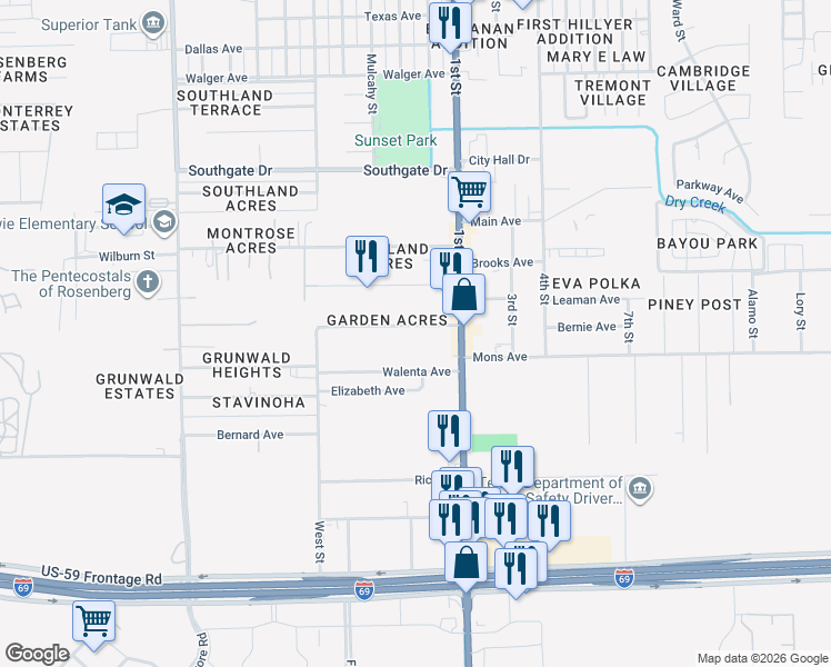 map of restaurants, bars, coffee shops, grocery stores, and more near 1707 Bernie Avenue in Rosenberg