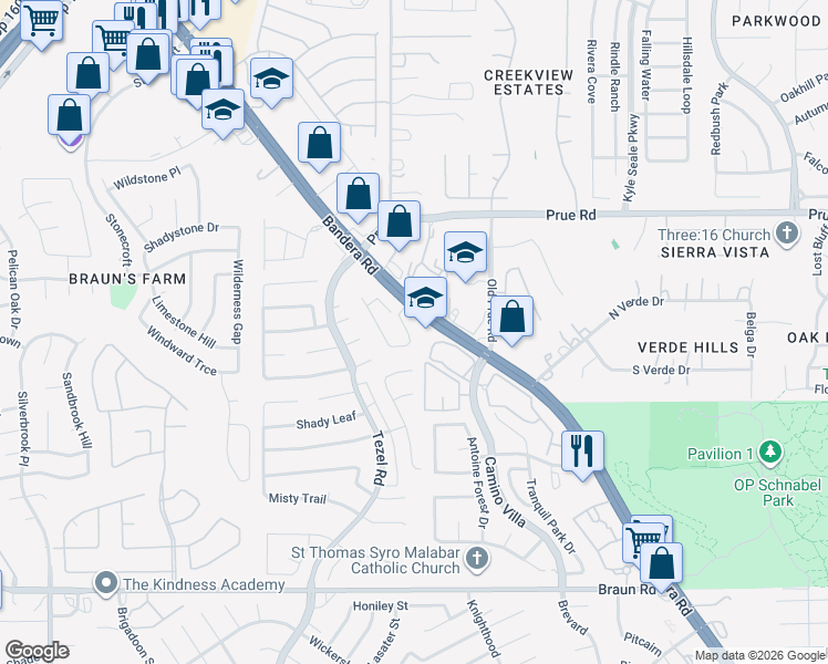 map of restaurants, bars, coffee shops, grocery stores, and more near 10440 Bandera Road in San Antonio