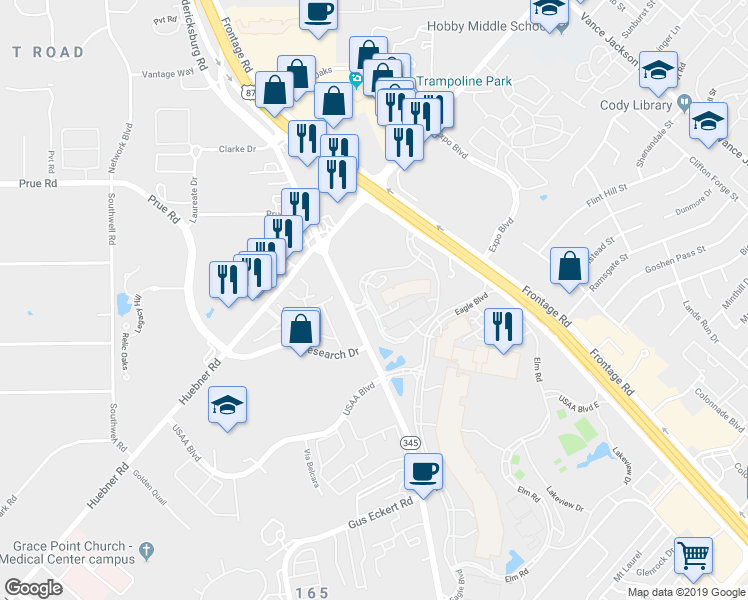 map of restaurants, bars, coffee shops, grocery stores, and more near 10422 Fredericksburg Road in San Antonio