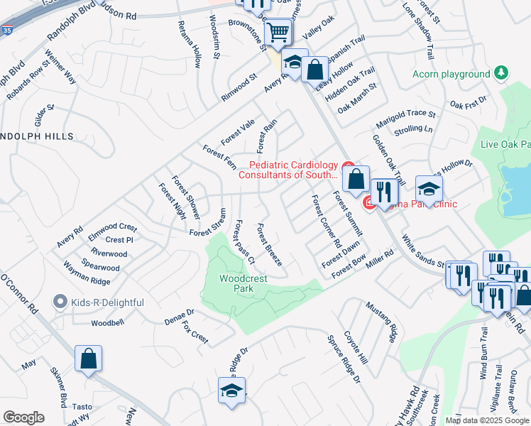 map of restaurants, bars, coffee shops, grocery stores, and more near 11207 Forest Crown in Live Oak