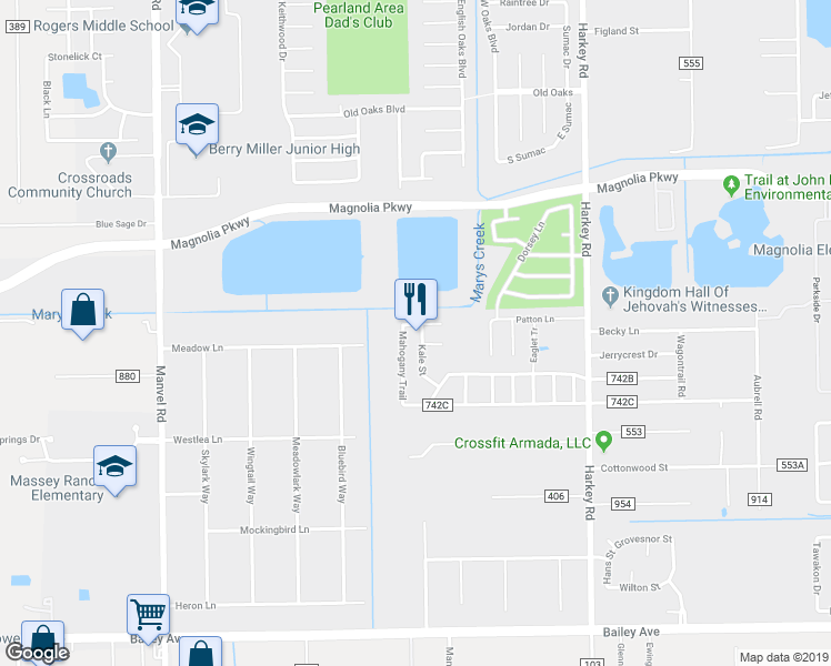 map of restaurants, bars, coffee shops, grocery stores, and more near 3604 Kale Street in Pearland