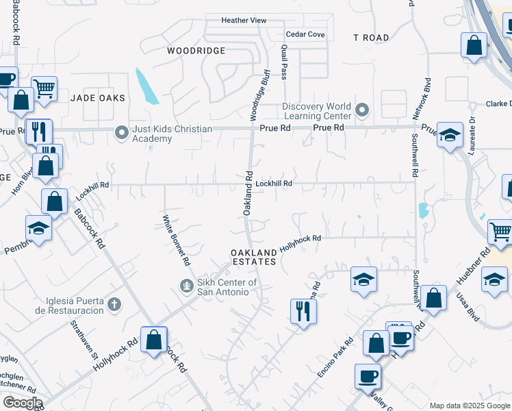 map of restaurants, bars, coffee shops, grocery stores, and more near 10618 Oakland Road in San Antonio