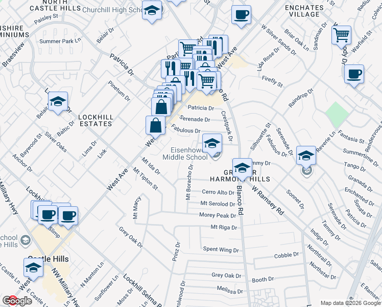 map of restaurants, bars, coffee shops, grocery stores, and more near 10919 Mount Boracho Drive in San Antonio