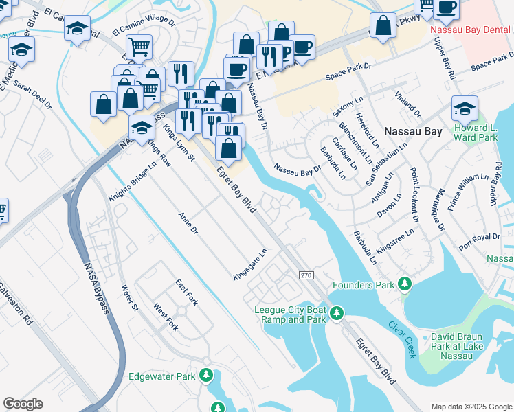 map of restaurants, bars, coffee shops, grocery stores, and more near 18511 Egret Bay Boulevard in Houston
