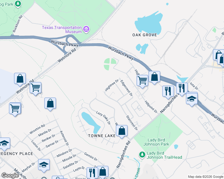 map of restaurants, bars, coffee shops, grocery stores, and more near 3422 Hightree Drive in San Antonio