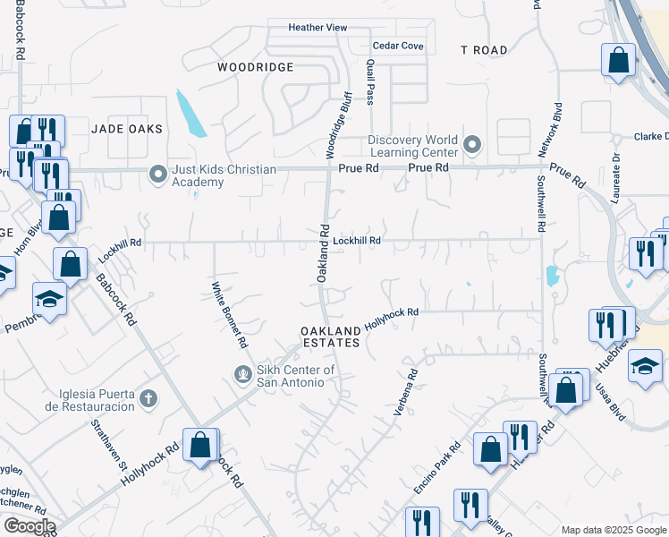 map of restaurants, bars, coffee shops, grocery stores, and more near 10618 Oakland Road in San Antonio