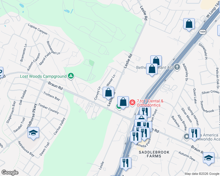 map of restaurants, bars, coffee shops, grocery stores, and more near 10423 Weser Lane in Helotes