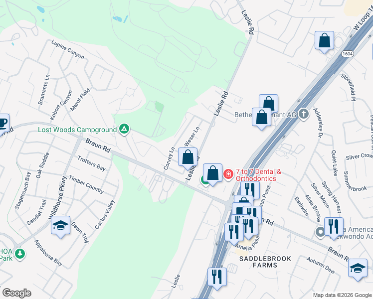 map of restaurants, bars, coffee shops, grocery stores, and more near 10423 Weser Lane in Helotes
