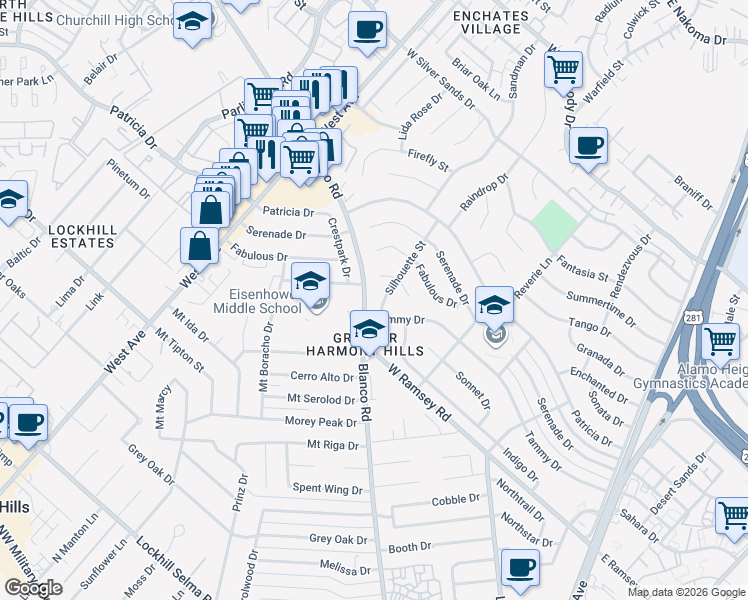 map of restaurants, bars, coffee shops, grocery stores, and more near 10911 Silhouette Street in San Antonio