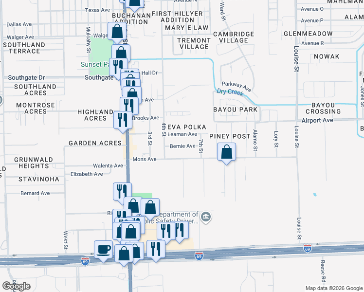 map of restaurants, bars, coffee shops, grocery stores, and more near 2207 Bernie Ave in Rosenberg