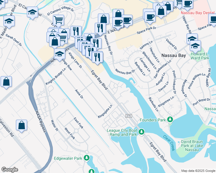 map of restaurants, bars, coffee shops, grocery stores, and more near 18511 Egret Bay Boulevard in Houston