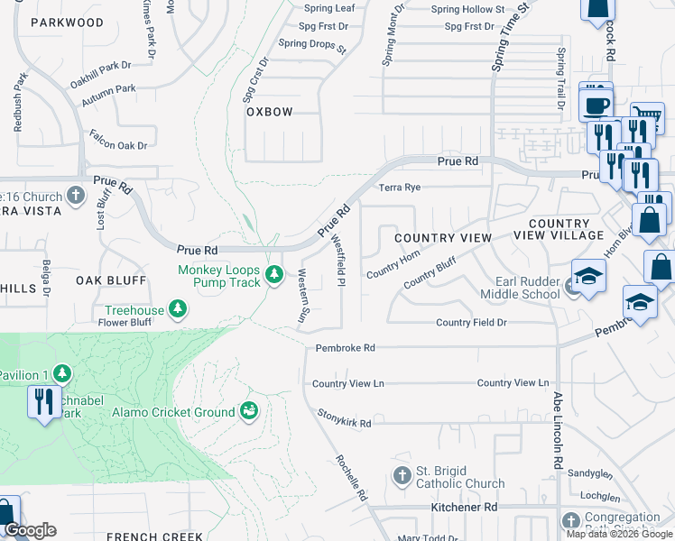 map of restaurants, bars, coffee shops, grocery stores, and more near 10527 Westfield Place in San Antonio
