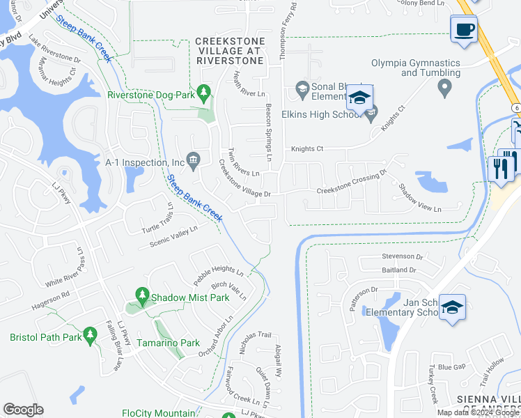 map of restaurants, bars, coffee shops, grocery stores, and more near 3903 Pearl Pass Lane in Sugar Land