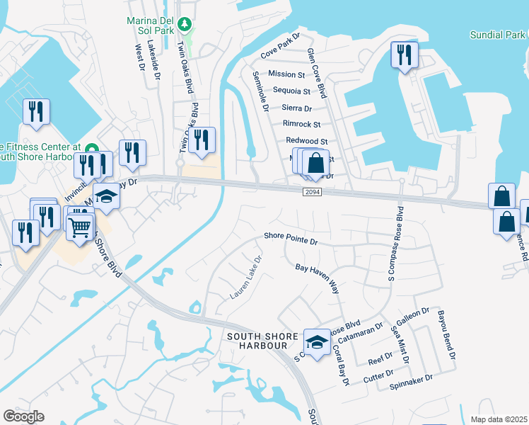 map of restaurants, bars, coffee shops, grocery stores, and more near 2005 Golden Bay Ln in League City