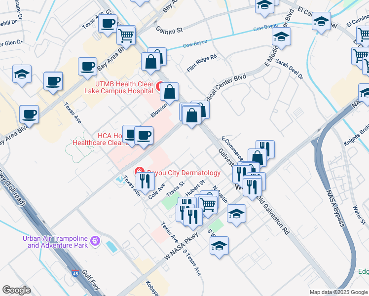 map of restaurants, bars, coffee shops, grocery stores, and more near 218 Linda Lane in Webster