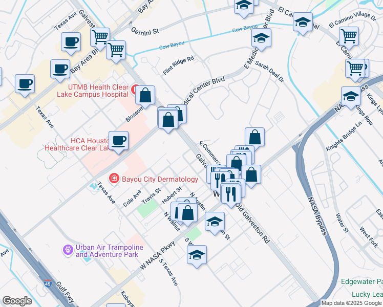 map of restaurants, bars, coffee shops, grocery stores, and more near 17500 Texas 3 in Webster