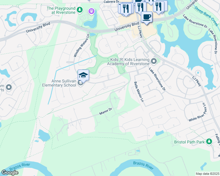 map of restaurants, bars, coffee shops, grocery stores, and more near 4902 Summer Manor Lane in Sugar Land