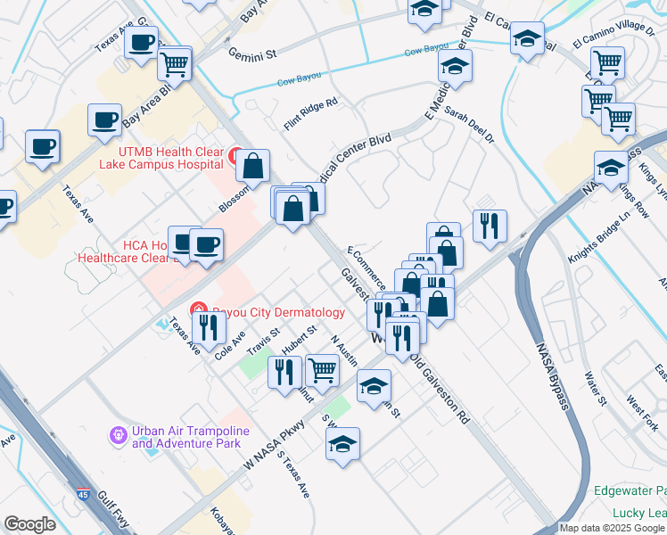 map of restaurants, bars, coffee shops, grocery stores, and more near 17500 State Highway 3 in Webster