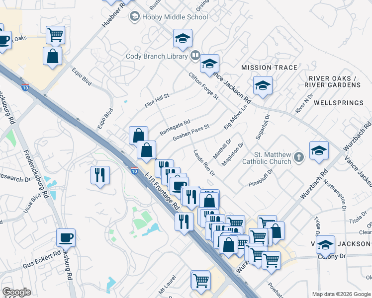 map of restaurants, bars, coffee shops, grocery stores, and more near 4215 Big Meadows Street in San Antonio