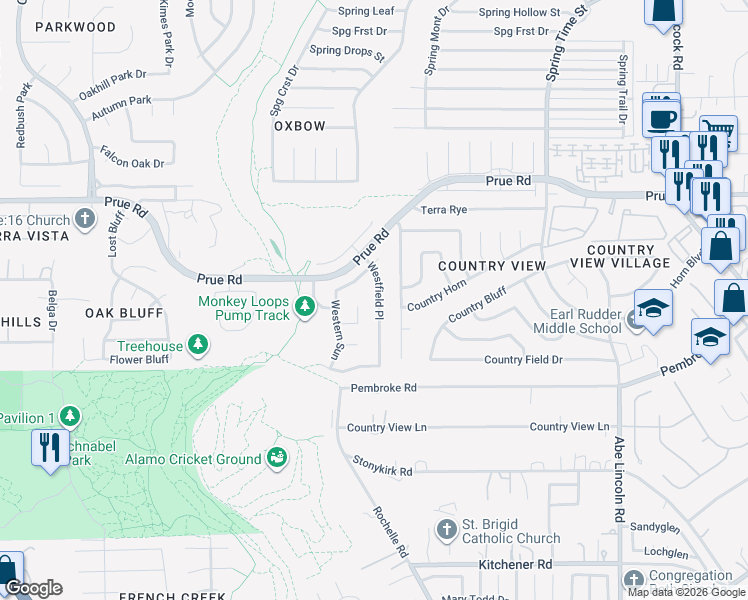 map of restaurants, bars, coffee shops, grocery stores, and more near 10527 Westfield Place in San Antonio