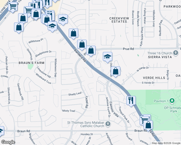 map of restaurants, bars, coffee shops, grocery stores, and more near 10440 Bandera Road in San Antonio