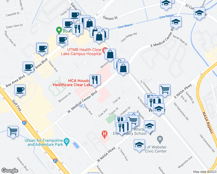 map of restaurants, bars, coffee shops, grocery stores, and more near 439 Medical Center Boulevard in Webster