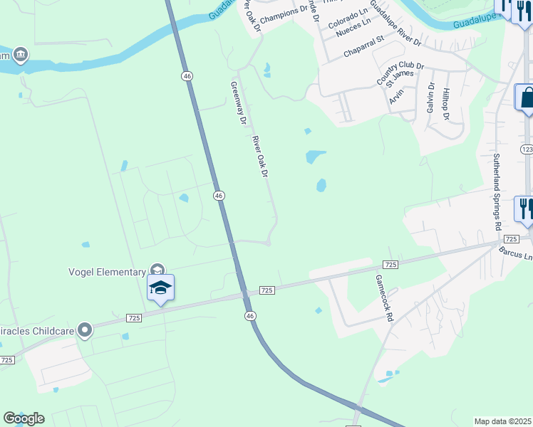 map of restaurants, bars, coffee shops, grocery stores, and more near 916 River Oak Drive in Seguin