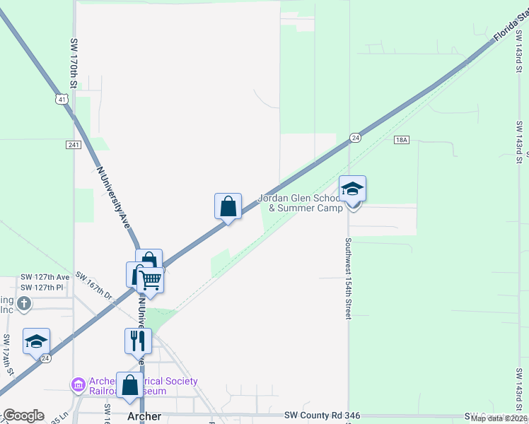 map of restaurants, bars, coffee shops, grocery stores, and more near 15907 Northeast State Road 24 in Archer