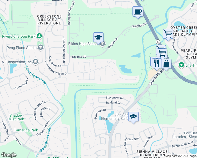 map of restaurants, bars, coffee shops, grocery stores, and more near 5742 Sage Stone Lane in Sugar Land