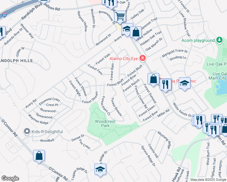 map of restaurants, bars, coffee shops, grocery stores, and more near 7703 Forest Gnome Court in Live Oak