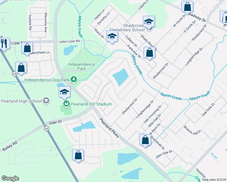 map of restaurants, bars, coffee shops, grocery stores, and more near 2932 Auburn Woods Drive in Pearland