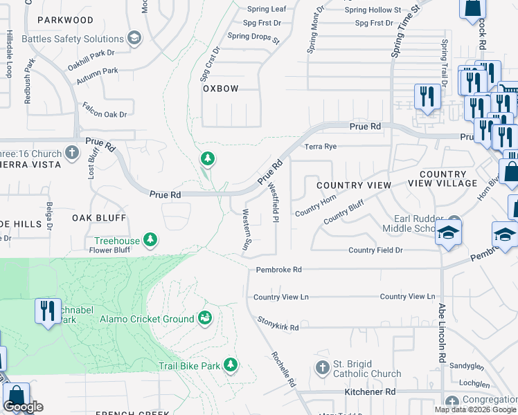 map of restaurants, bars, coffee shops, grocery stores, and more near 7038 Rosefield in San Antonio