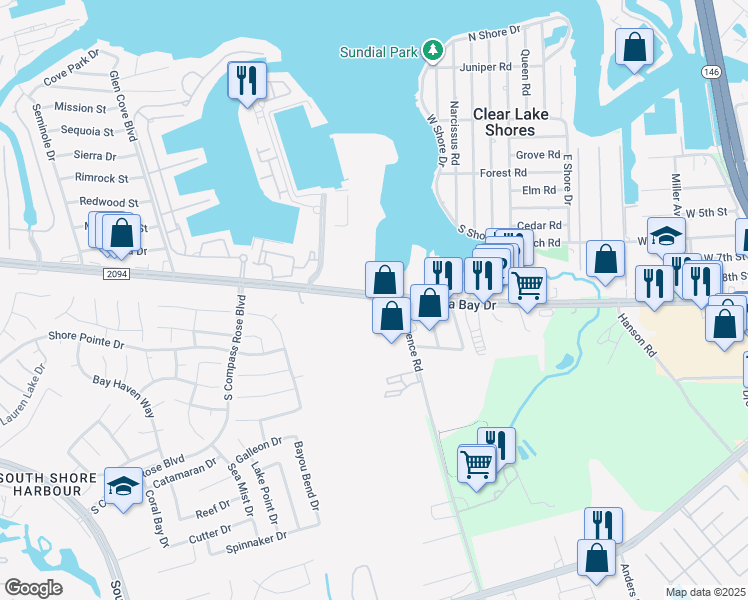map of restaurants, bars, coffee shops, grocery stores, and more near 1306 Marina Bay Drive in Clear Lake Shores