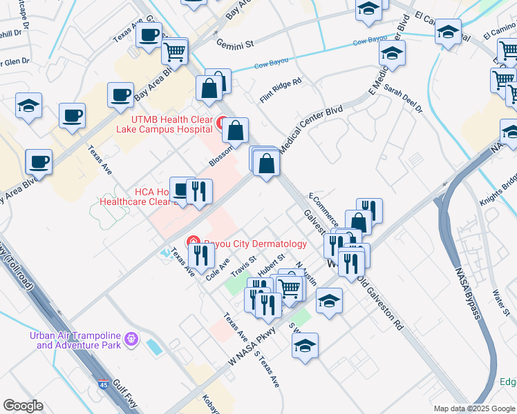map of restaurants, bars, coffee shops, grocery stores, and more near 218 Linda Ln in Webster
