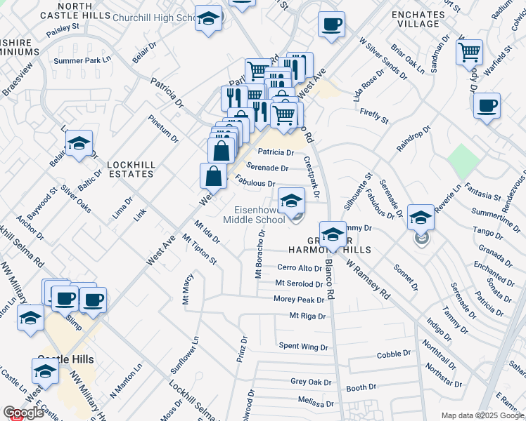map of restaurants, bars, coffee shops, grocery stores, and more near 10919 Mount Boracho Drive in San Antonio