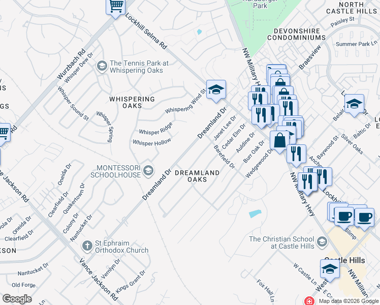 map of restaurants, bars, coffee shops, grocery stores, and more near 11007 Janet Lee Drive in San Antonio